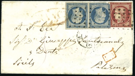 Stamp of France 1849 1F Cérès +25c Présidence en paire obl. gros p