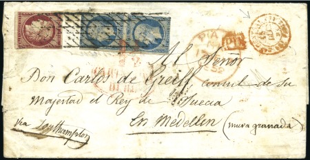 Stamp of France 1849 1F Cérès +25c Présidence en paire obl. grille
