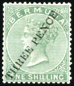 1874 "THREE PENCE" on 1s green, unused, small part