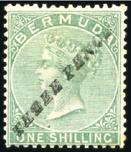 1874 "THREE PENCE" on 1s green, unused, showing "P