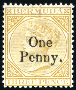 1874 "One Penny" on 3d yellw-buff, unused, part or