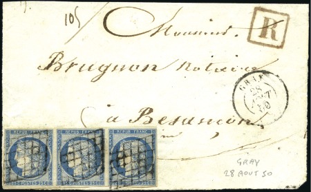 Stamp of France 1849 25c bleu en belle bande de trois sur devant d