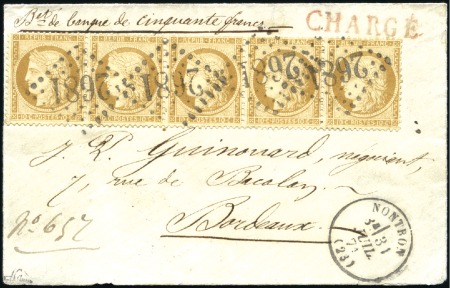 Stamp of France Superbe bande de cinq du 10c Siège sur lettre char