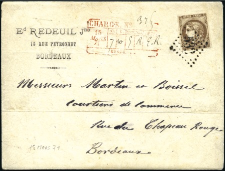 Stamp of France 30c Bordeaux seul sur lettre chargée locale de Bor