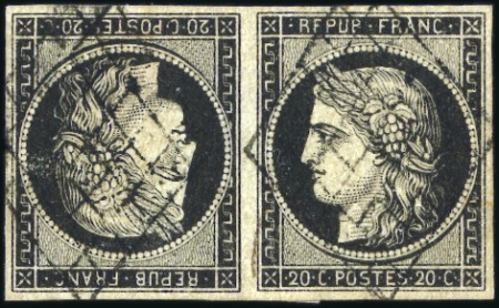 Stamp of France 1849 20c noir sur jaune en paire TETE-BECHE bien m