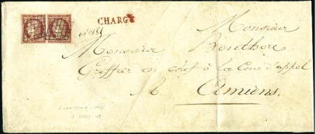 Stamp of France 1849 1F carmin en paire sur env. chargé de Clermon