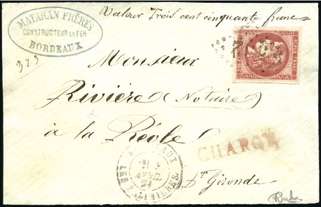 Stamp of France 80c groseille sur devant de lettre chargée en vale