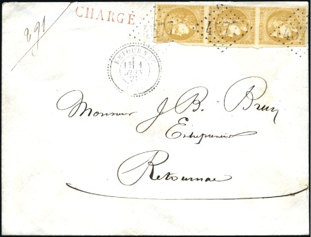Stamp of France 10c Bordeaux en bande de trois sur lettre chargée 