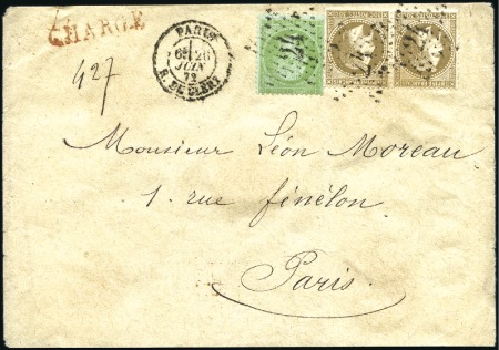 Stamp of France 30c Lauré en paire +5c Cérès vert sur bleu sur let