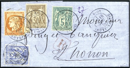 1876 Lettre recommandée double port en 4 couleurs 