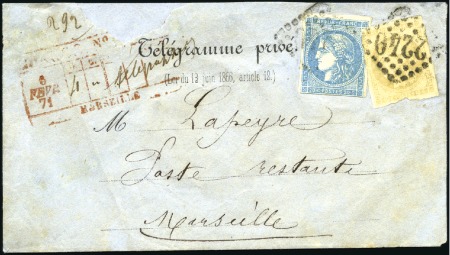 Stamp of France 10c +20c Bordeaux sur télégramme chargé de Marseil