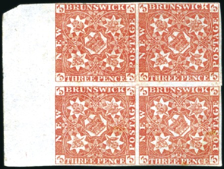 Stamp of Canada » New Brunswick 1851-60 3d Dull Red in left marginal block of four