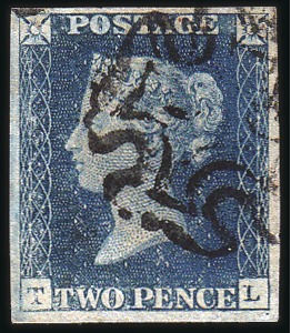 Stamp of Great Britain » 1840 2d Blue (ordered by plate number) 1840 2d Blue pl.1 TL, very large margins on all si