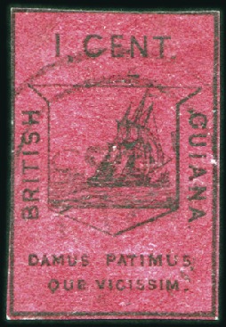 Stamp of British Guiana 1852 1c Black on Magenta, just touched to clear ma