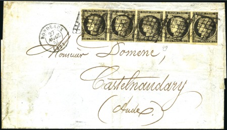 Stamp of France 1849 20c noir en bande de cinq obl. grille sur let