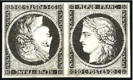 Stamp of France 1849 20c noir sur blanc en paire TETE-BECHE, neuve