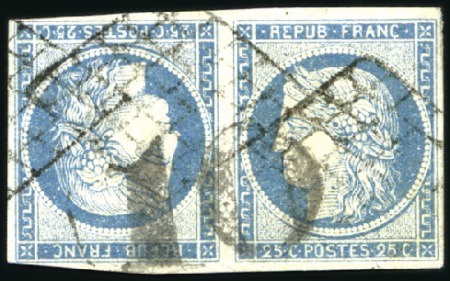 1849 25c bleu en paire TETE-BECHE obl. grille et t