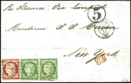 Stamp of France 1849 1F carmin +15c vert en paire, marges intactes