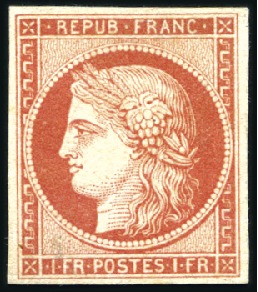 Stamp of France 1849 1F vermillon pâle dit vervelle, nuance vive, 