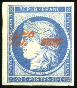 Stamp of France 1849 25c sur 20c bleu, belles marges avec petit bo