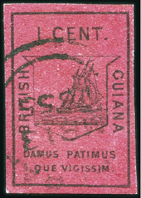Stamp of British Guiana 1852 Waterlow 1 cent black on magenta, fine even m
