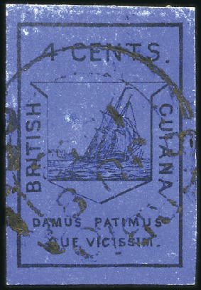 1852 Waterlow 4 cents black on deep blue, large ev