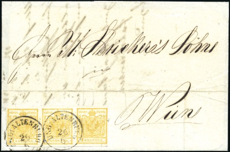 Stamp of Hungary 1850 1Kr Yellow in strip of three tied by ALTENBUR