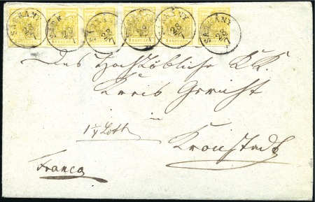 Stamp of Hungary 1Kr gelb in 2 waagrechten Dreierstreifen auf Kuver