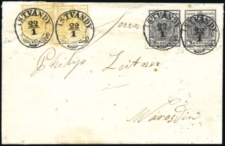Stamp of Hungary 1850 2Kr Black in pair plus two 1Kr Yellow, neatly