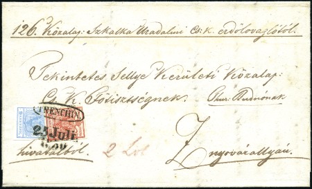 Stamp of Hungary 9Kr hellblau + 3Kr rot Handpapier auf einfachschwe
