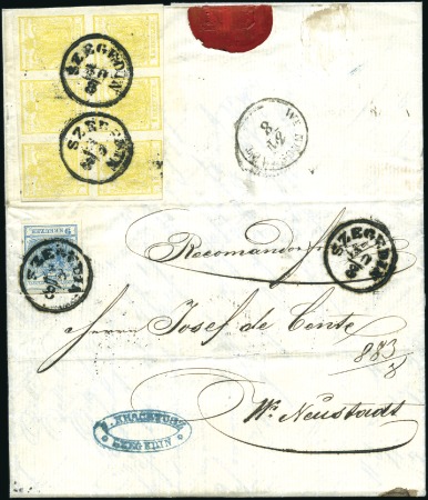 Stamp of Hungary 1850 9Kr Blue and 1Kr yellow in block of 6, all ma