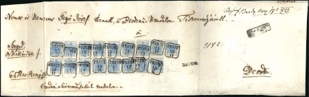 1850 9Kr Blue block of seven, two strips of four a