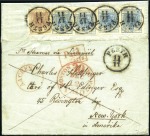Stamp of Hungary POST NACH USA
9Kr blau (4) + 6Kr braun (alle Hand