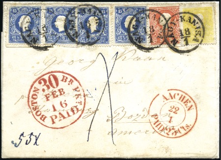 Stamp of Hungary POST NACH USA - DESTINATION USA
15Kr blau (4) + 5