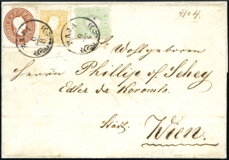 Stamp of Hungary MIXED ISSUE FRANKING
1860 10Kr Brown and 1858 3Kr