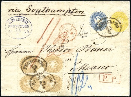 Stamp of Hungary DREIFARBENMEHRFACHFRANKATUR AUF POST NACH MEXICO
