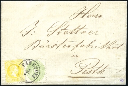 Stamp of Hungary 1867 2Kr Yellow and 1864 3Kr green tied by PANCSOV