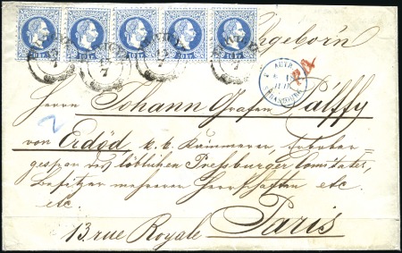 Stamp of Hungary POST NACH FRANKREICH
10Kr blau (Paar und Dreierst