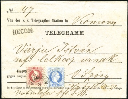 Stamp of Hungary FRANKIERTES TELEGRAMM
10Kr blau + 5Kr rot auf deu