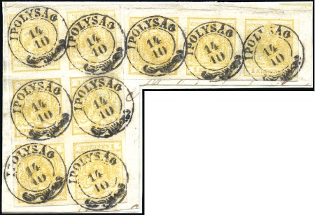 Stamp of Hungary 1Kr gelb Handpapier  in Sechserblock + Dreierstrei