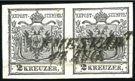 Stamp of Hungary 1850 2Kr black, handmade paper, highly appealing l