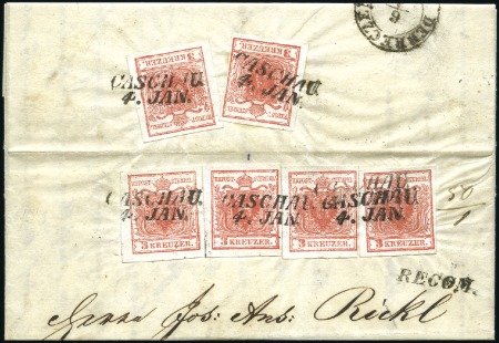 Stamp of Hungary 3Kr rot Handpapier Type Ia (6, davon 4 vorderseiti