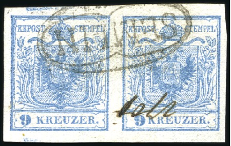 Stamp of Hungary WEITESTER ABSTAND 9 KREUZER
9Kr blau Handpapier T
