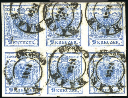 Stamp of Hungary 1850 9Kr Blue, handmade paper, in BLOCK of six wit