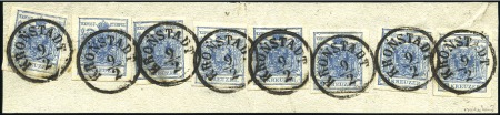 Stamp of Hungary 1850 9Kr Blue, eight examples tied by KRONSTADT 9/