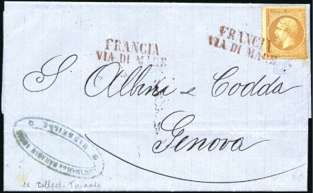 Stamp of France 40c Empire dent. obl. FRANCIA VIA DI MARE en rouge