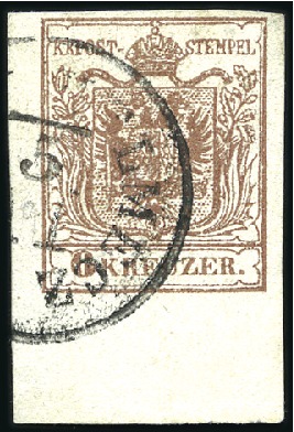 Stamp of Hungary 6Kr Brown marginal example with 10mm sheet margins