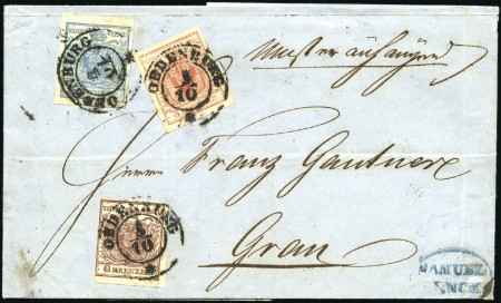Stamp of Hungary 1850 9Kr Blue type I, 6Kr brown type Ia and 3Kr ty