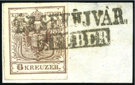 Stamp of Hungary 6Kr braun Handpapier Type I auf kleinem Briefstück
