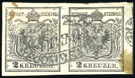 Stamp of Hungary 2Kr Black horizontal pair cancelled by FIUME-RECOM